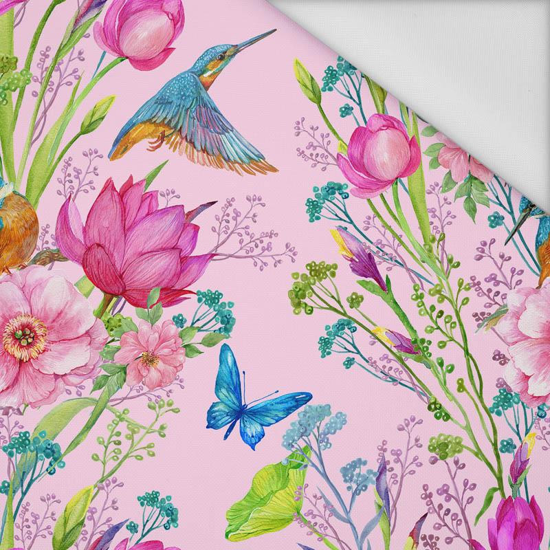 KINGFISHERS AND BUTTERFLIES (KINGFISHERS IN THE MEADOW) / pink - Waterproof woven fabric