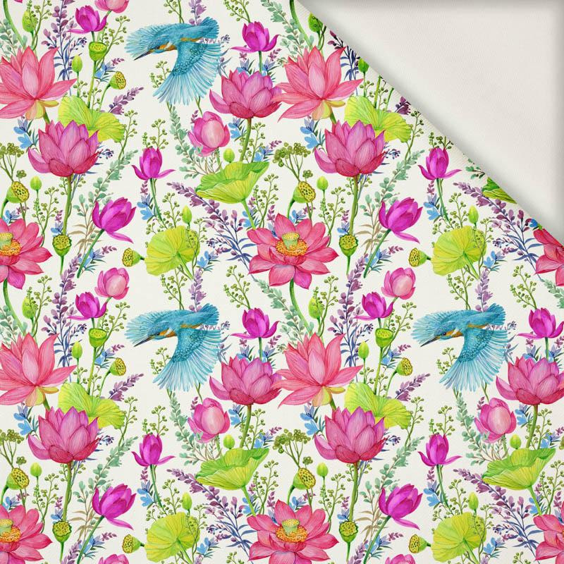 MINI KINGFISHERS AND POPPIES (KINGFISHERS IN THE MEADOW) / white - viscose woven fabric