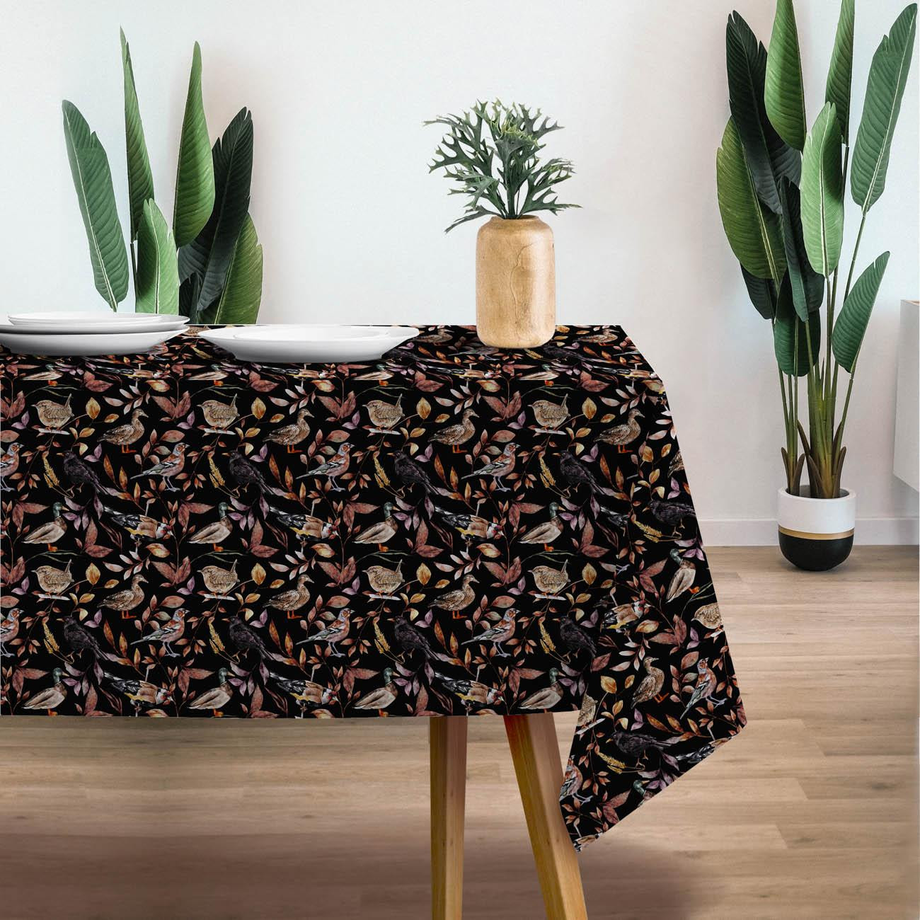 BIRDS PAT. 2 / BLACK (COLORFUL AUTUMN) - Woven Fabric for tablecloths