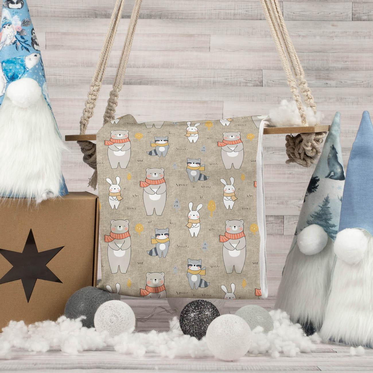 ANIMALS IN SCARVES PAT. 1 (WINTER FUN) / ACID WASH BEIGE - looped knit fabric