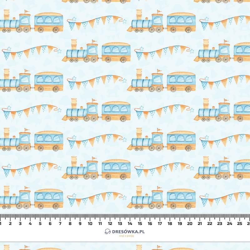 LOCOMOTIVES / garland / light blue (CHILDREN'S TOYS) - Cotton woven fabric