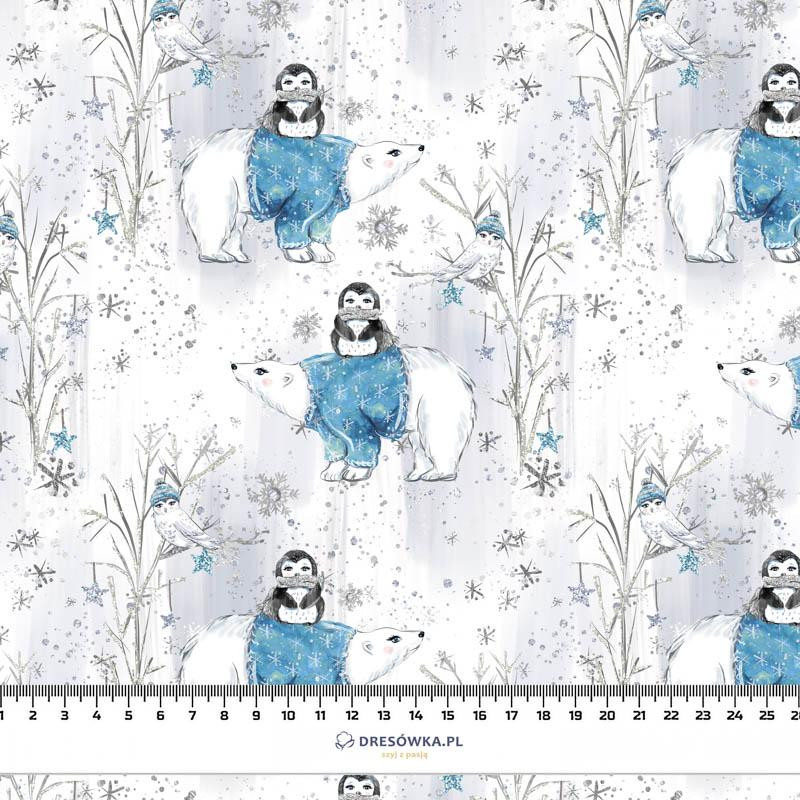 PENGUINS ON BEARS / white (ENCHANTED WINTER) - Cotton woven fabric
