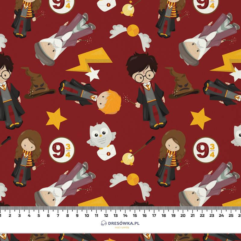 90cm MAGICAL FRIENDS pat. 3 (MAGIC SCHOOL) / bordová - Waterproof woven fabric