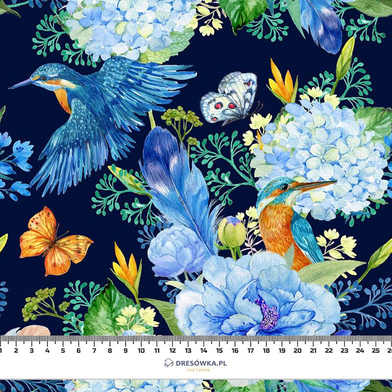 KINGFISHERS AND LILACS (KINGFISHERS IN THE MEADOW) / navy- Upholstery velour 