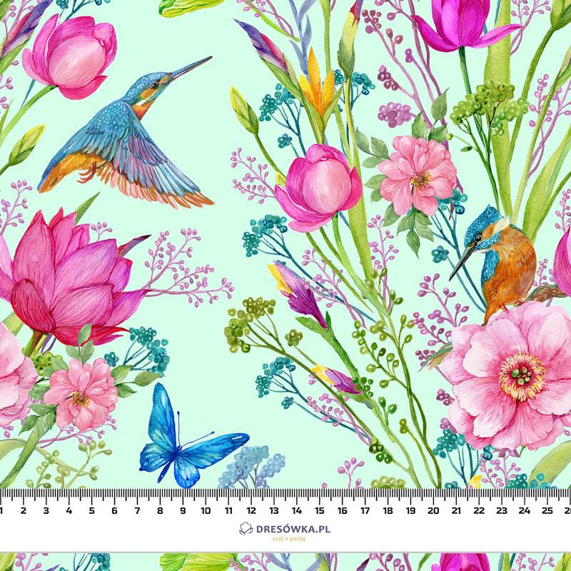 KINGFISHERS AND BUTTERFLIES (KINGFISHERS IN THE MEADOW) / mint - Cotton woven fabric