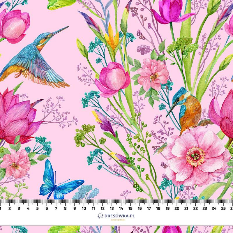 KINGFISHERS AND BUTTERFLIES (KINGFISHERS IN THE MEADOW) / pink - Cotton woven fabric