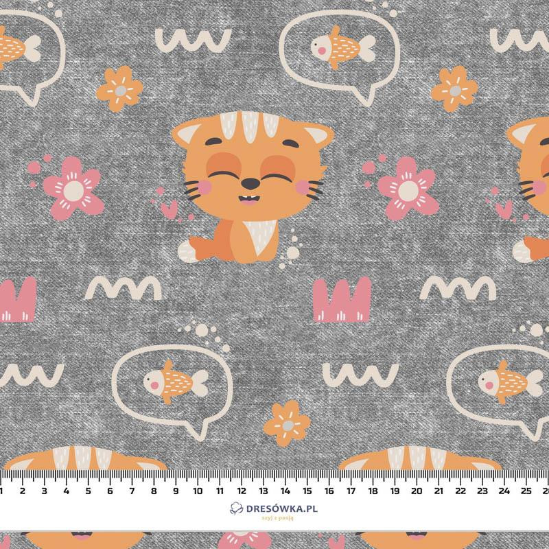 CATS AND FISH / flowers (CATS WORLD ) / ACID WASH GREY  - Cotton woven fabric