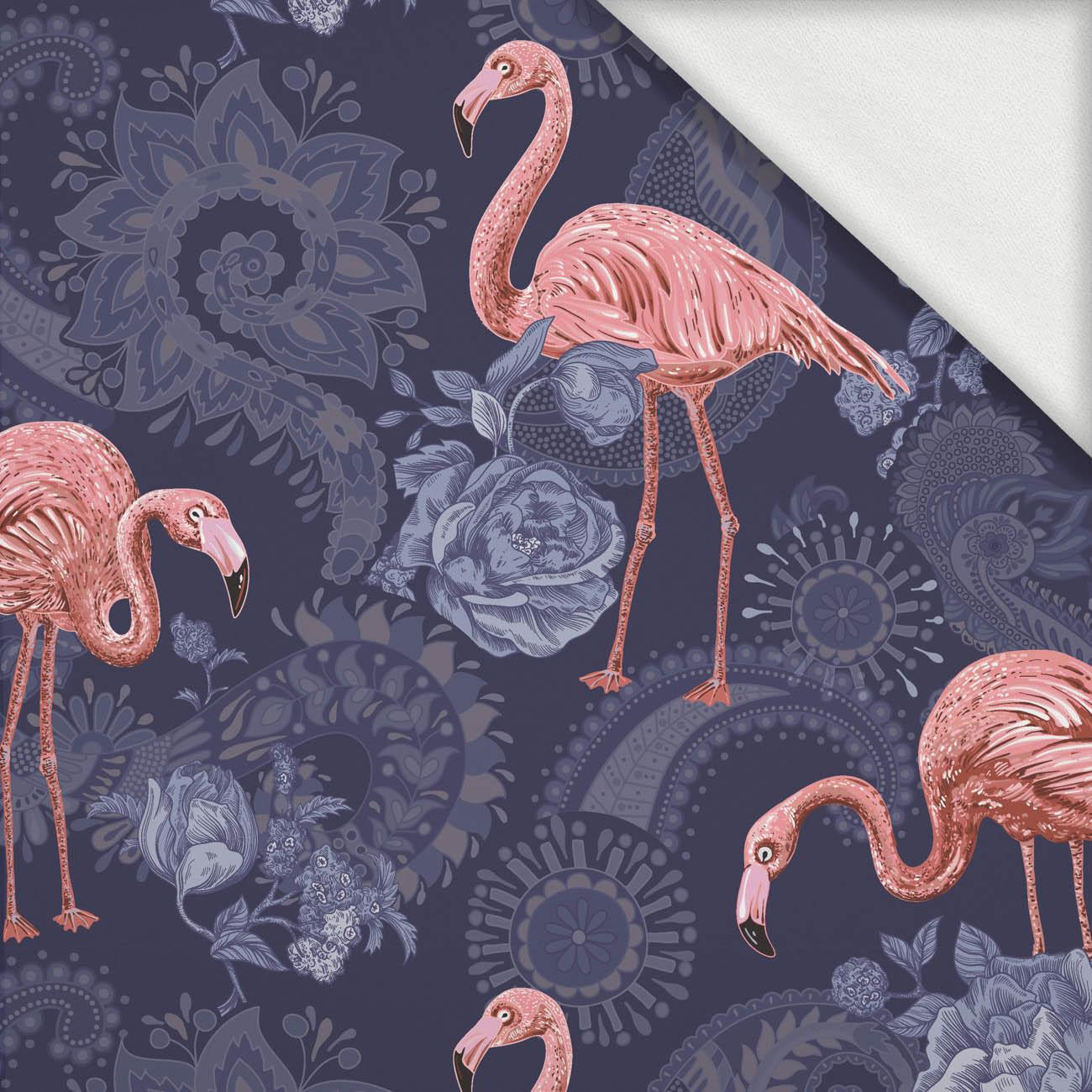  FLAMINGOS AND ROSES / dark blue - looped knit fabric with elastane