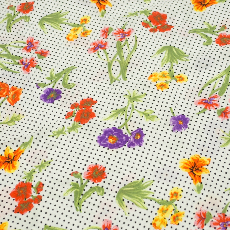 FLOWERS & STARS / white - viscose woven fabric