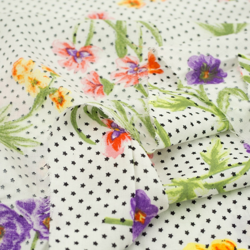 FLOWERS & STARS / white - viscose woven fabric