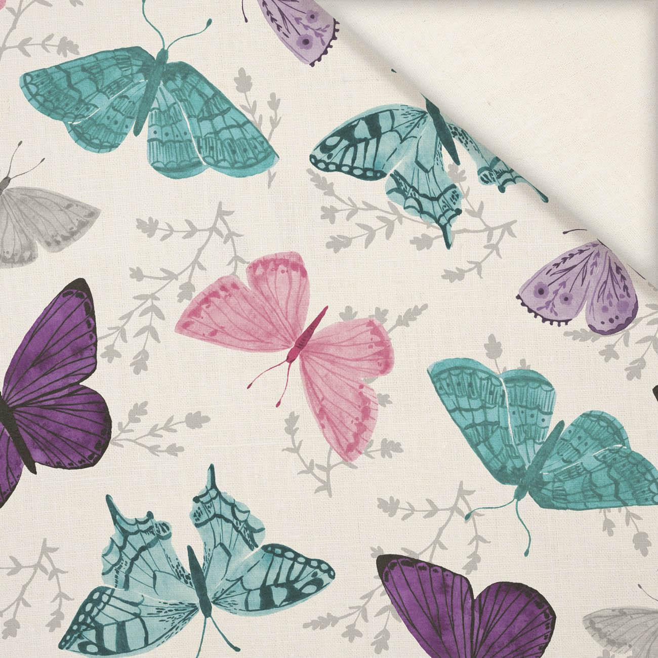 BUTTERFLIES PAT. 5 / white  (PURPLE BUTTERFLIES) - Linen 100%