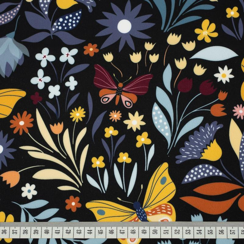 FOLK BUTTERFLIES / black - Cotton woven fabric