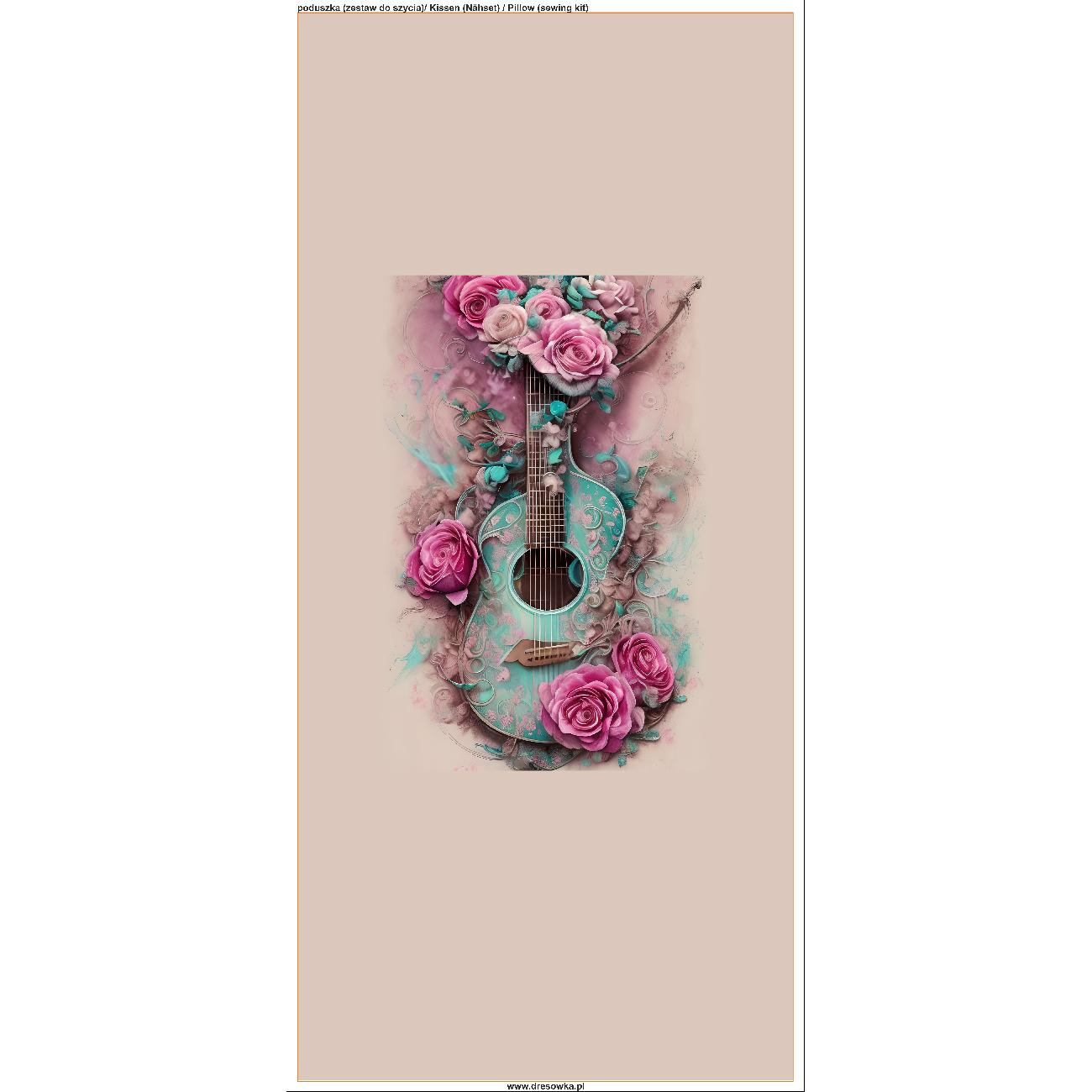 PILLOW 45X45 - GUITAR WITH ROSES - Cotton woven fabric - sewing set