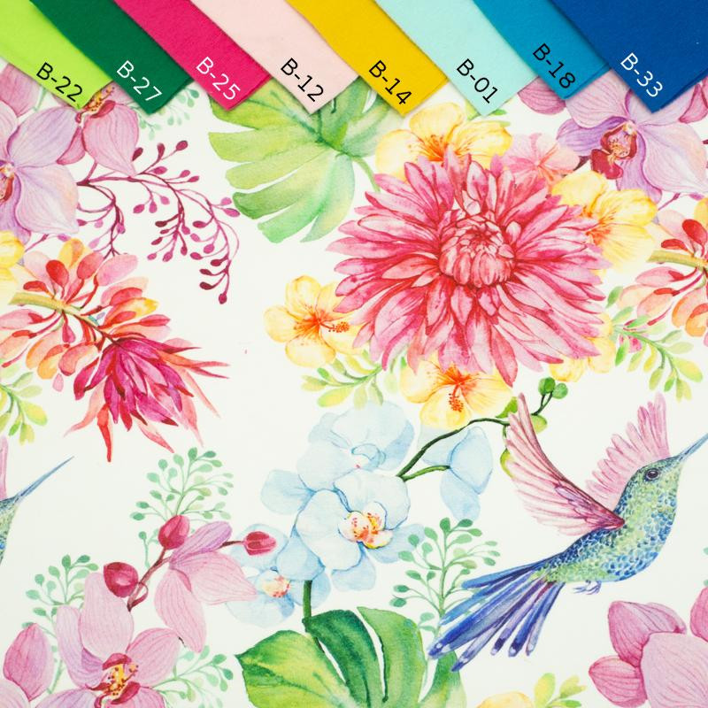 HUMMINGBIRDS AND FLOWERS - single jersey with elastane TE210