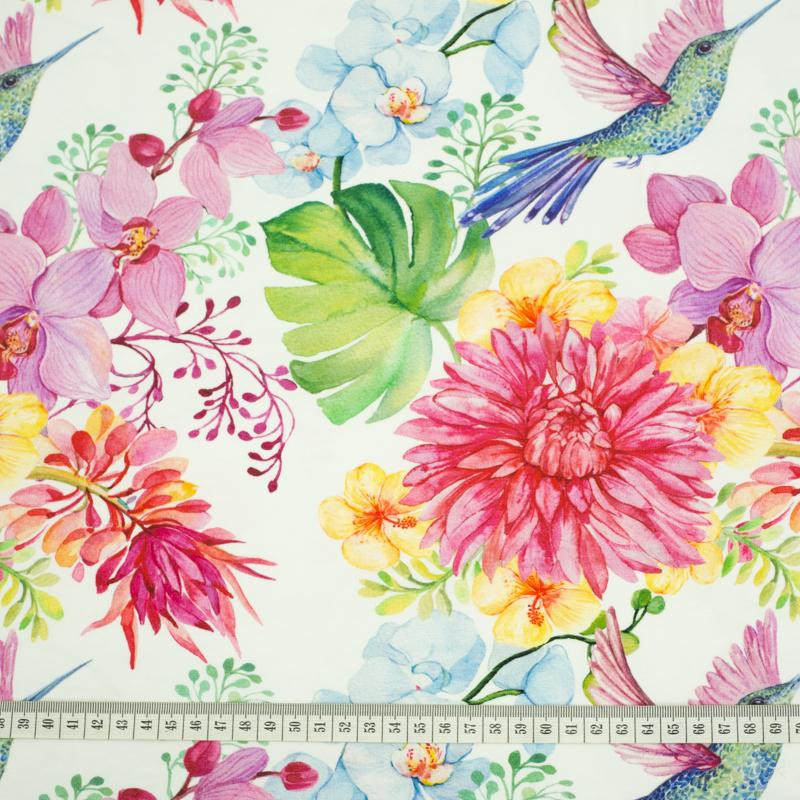 HUMMINGBIRDS AND FLOWERS - single jersey with elastane TE210