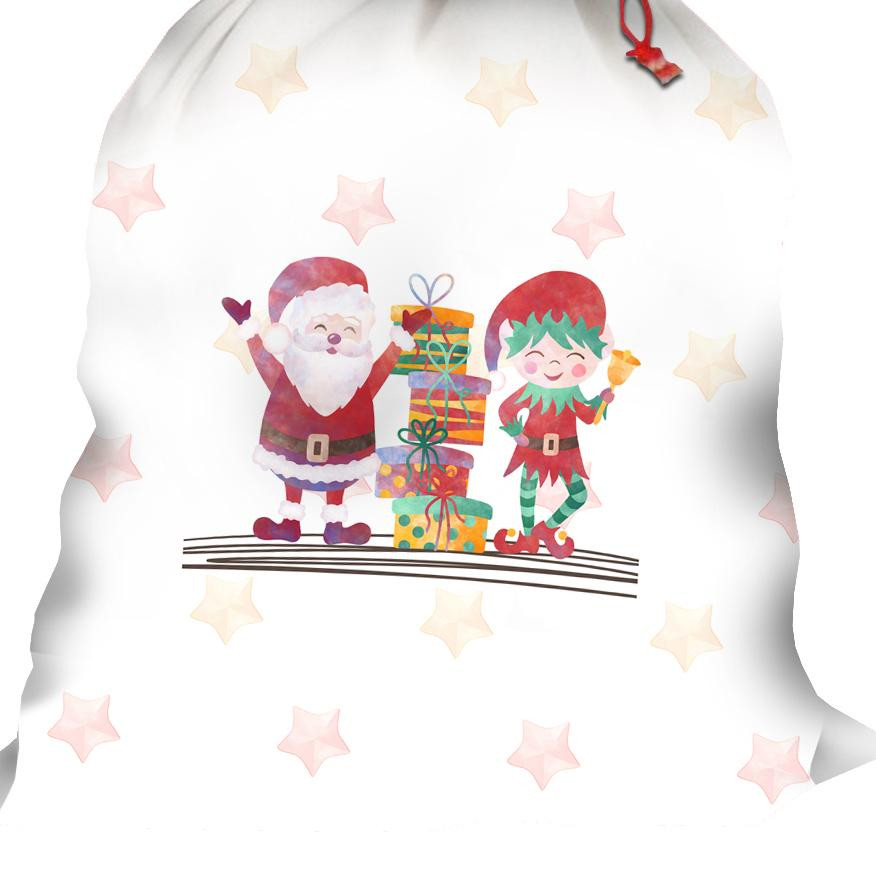SANTA CLAUS AND ELF / presents (CHRISTMAS FRIENDS) - Cotton woven fabric panel / Choice of sizes