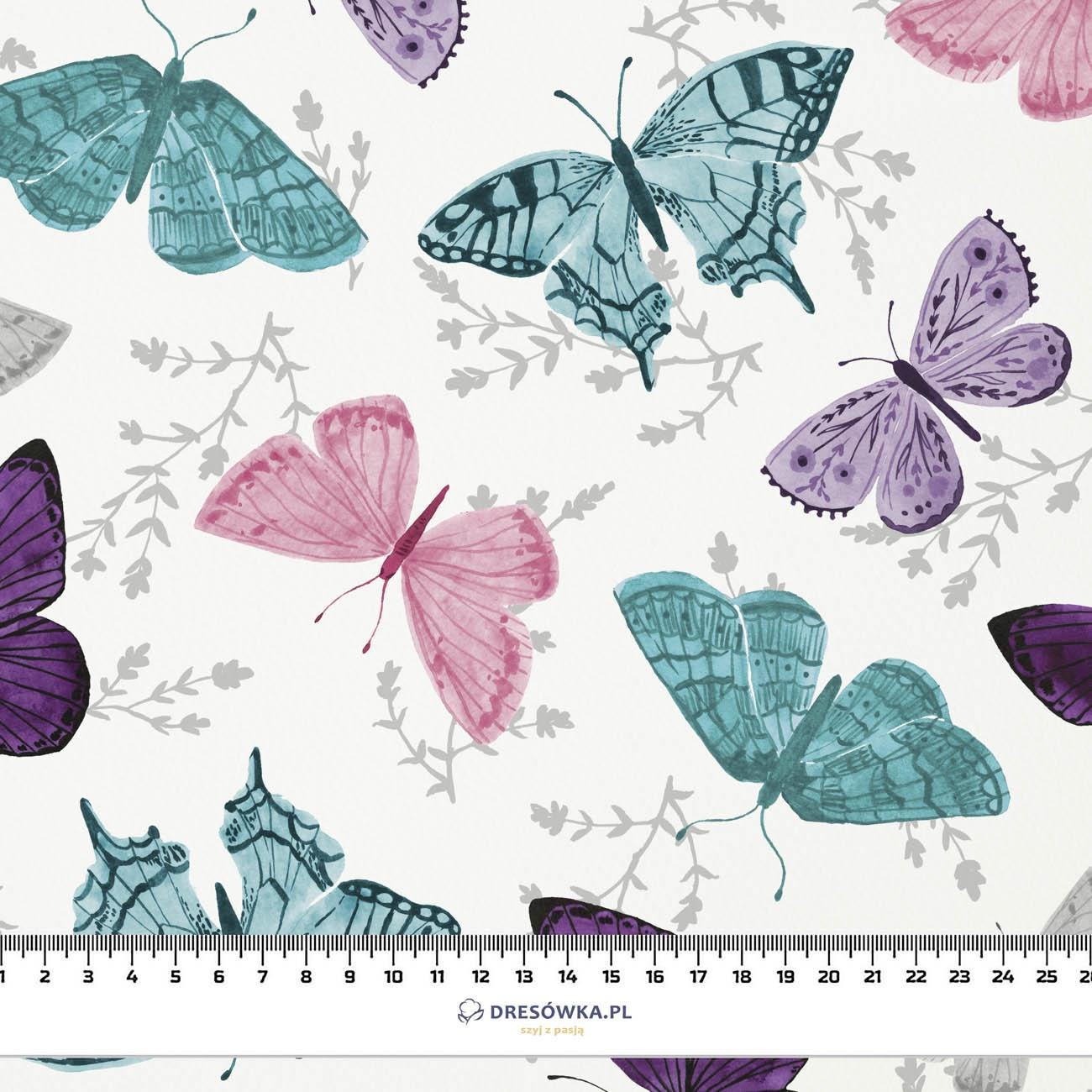 BUTTERFLIES PAT. 5 / white  (PURPLE BUTTERFLIES) - Bambusstoff 170g
