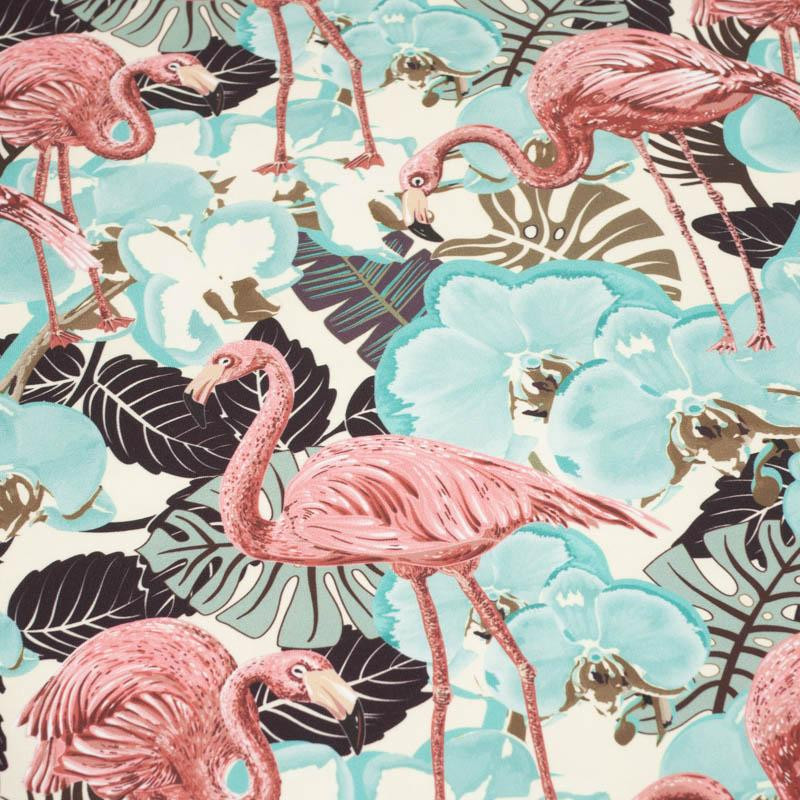 FLAMINGOS AND  MONSTERAS - looped knit fabric