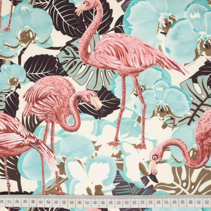 FLAMINGOS AND  MONSTERAS - looped knit fabric