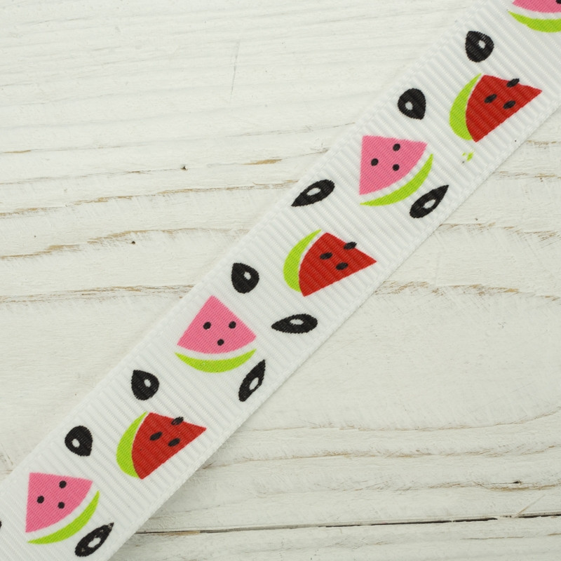 Grosgrain ribbon 15 mm white with watermelons