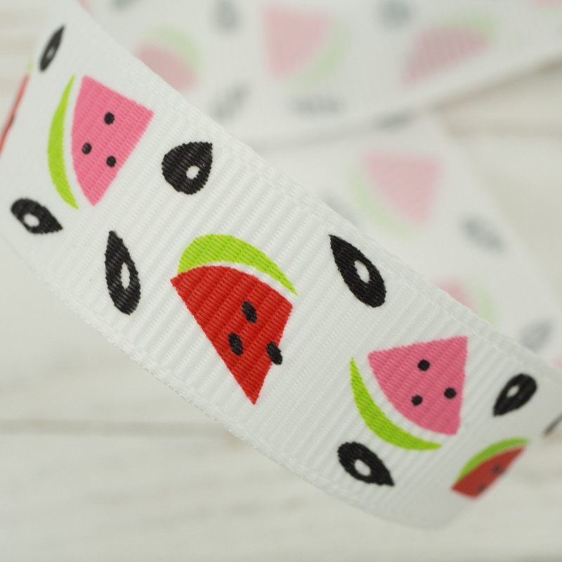 Grosgrain ribbon 15 mm white with watermelons