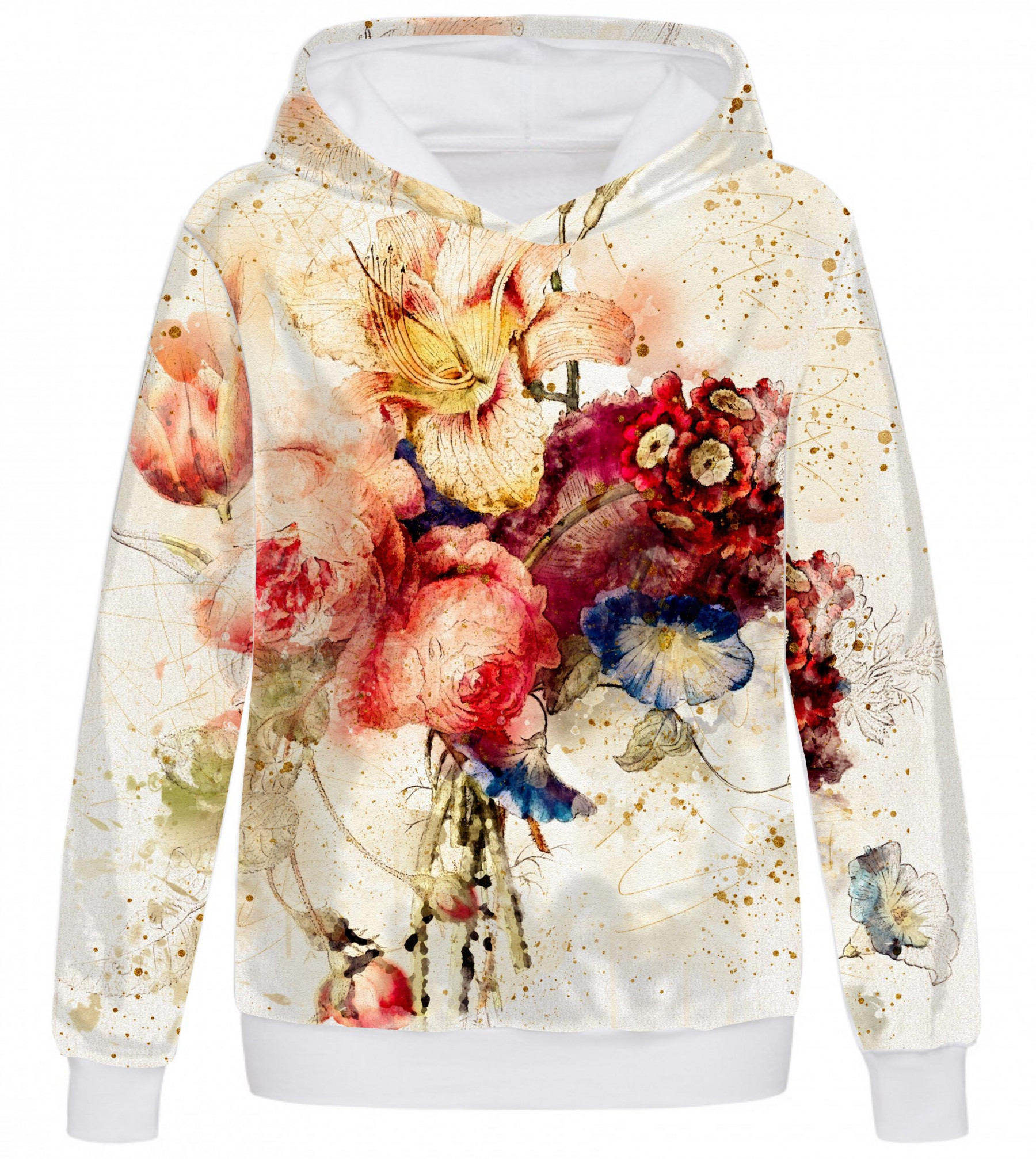 CLASSIC WOMEN’S HOODIE (POLA) - WATERCOLOR FLOWERS Pat. 5 - looped knit fabric 