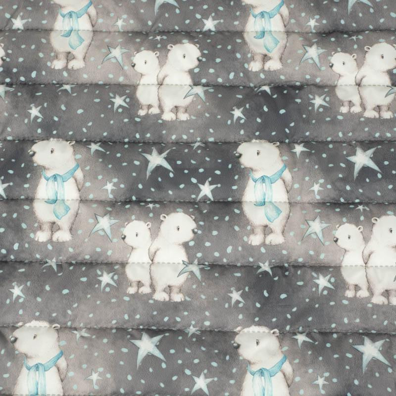 TEDDIES AND STARS / dark grey (MAGICAL CHRISTMAS FOREST) - nylon fabric quilted in stripes