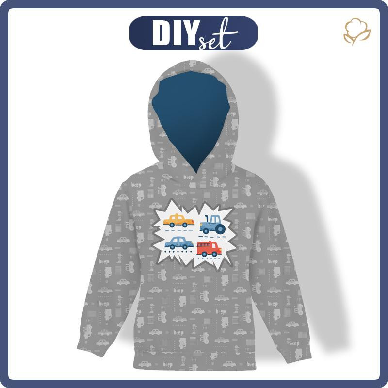 KID'S HOODIE (ALEX) - VEHICLES pat. 2 / white (ADVENTURE BEGINS) - sewing set