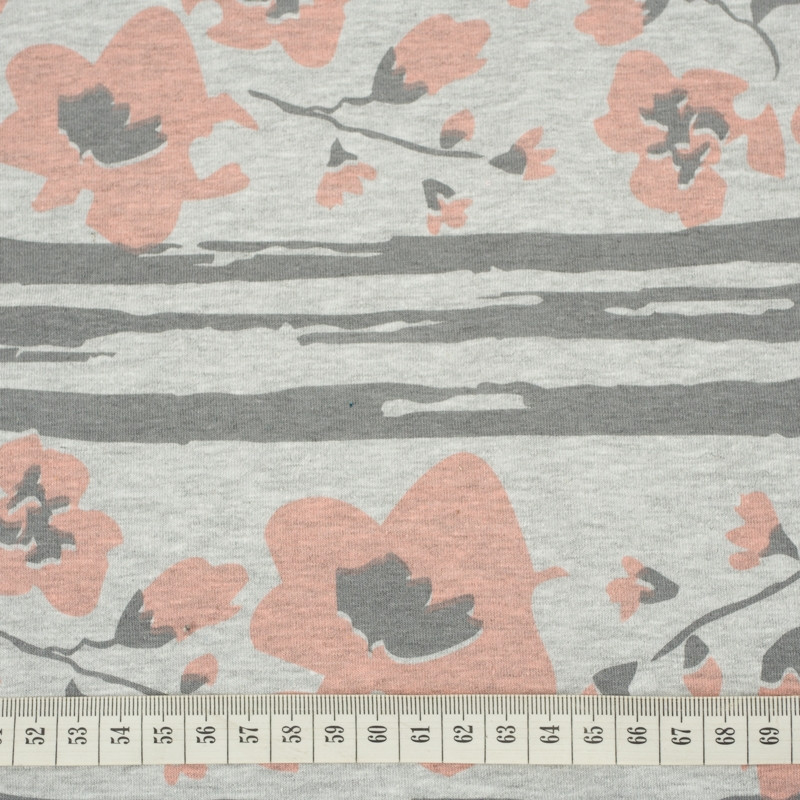 PAINTED FLOWERS PEACH / M-01 melange light grey - single jersey TE210