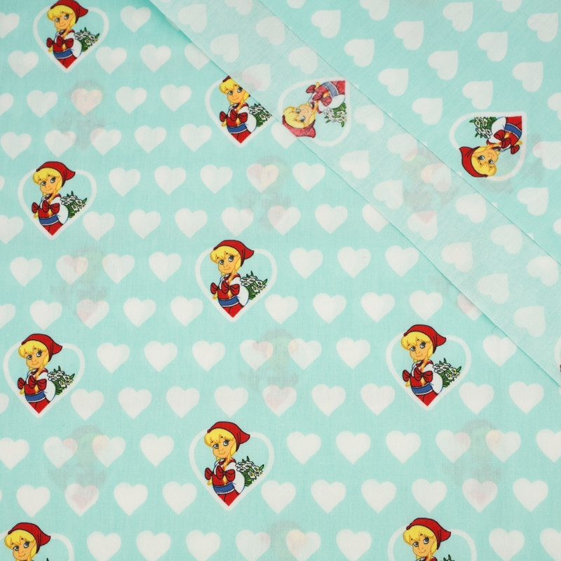 LITTLE RED RIDING HOOD HEARTS / aqua - Cotton woven fabric