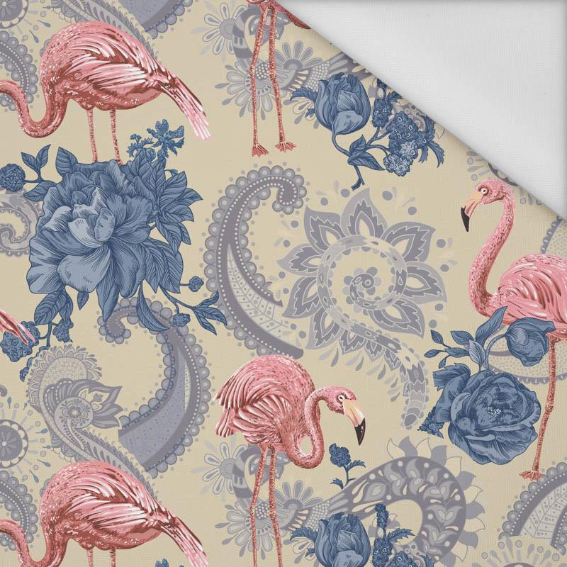 FLAMINGOS AND ROSES / beige - Waterproof woven fabric