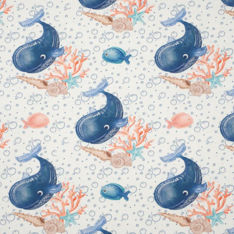 WHALES / bubbles (MAGICAL OCEAN) / white - looped knit fabric