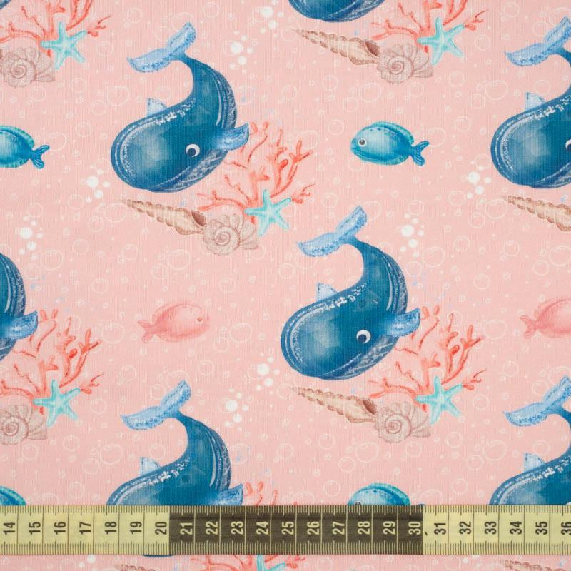 WHALES / bubbles (MAGICAL OCEAN) / pink - Cotton woven fabric