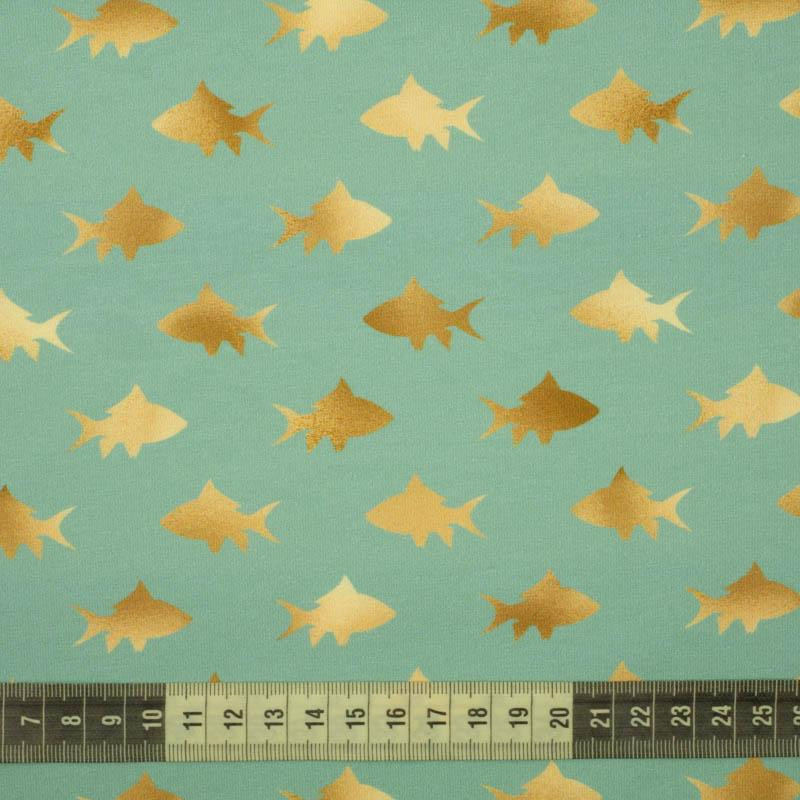 GOLDEN FISH (GOLDEN OCEAN) / mint - Cotton woven fabric