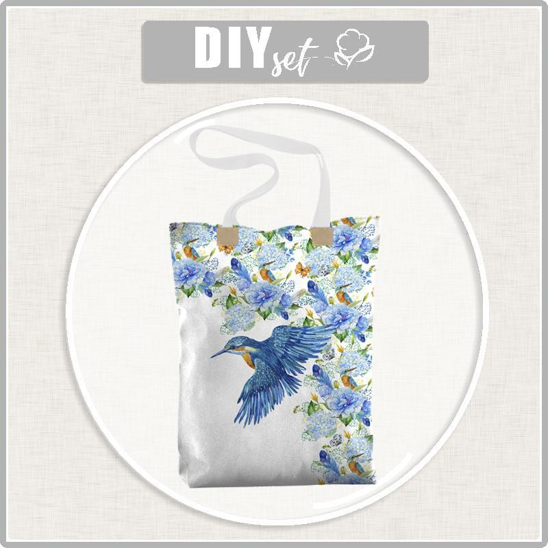 SHOPPER BAG -  KINGFISHERS AND LILACS (KINGFISHERS IN THE MEADOW) / white - sewing set
