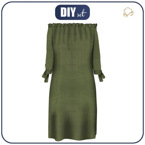 Women Green Jacquard Wrinkled Tie Waist Patchwork Cotton Mid Dress