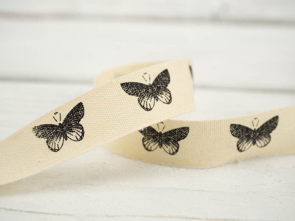 Cotton ribbon with black butterflies - 15mm