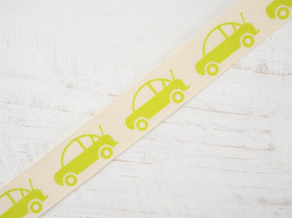 Cotton ribbon with lime cars -15mm