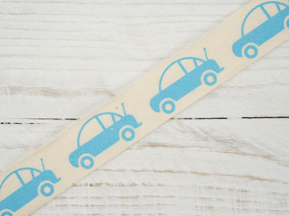 Cotton ribbon with blue cars -15mm