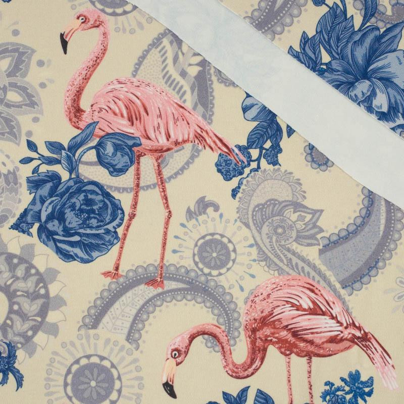 FLAMINGOS AND ROSES / beige - looped knit fabric