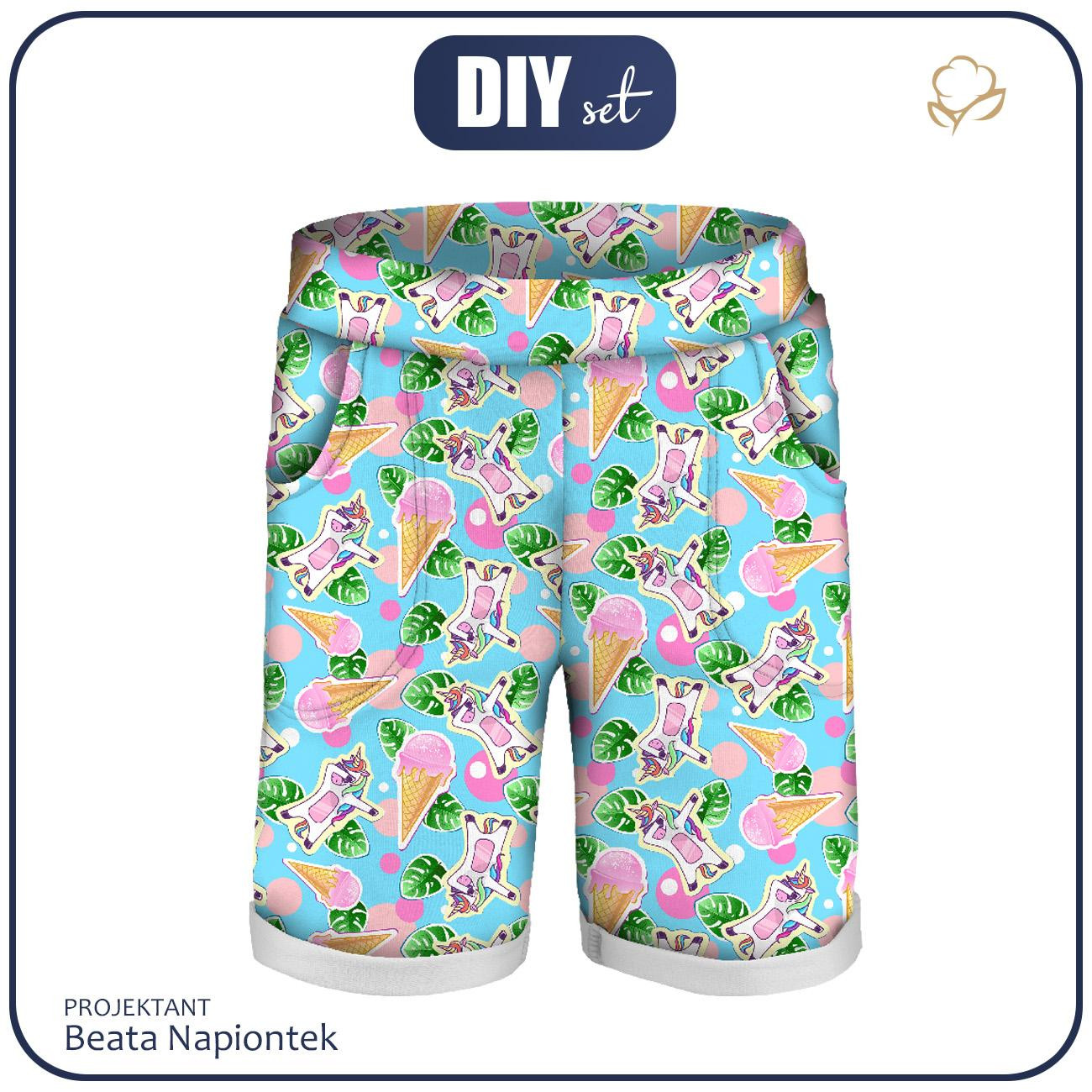 KID`S SHORTS (RIO) - UNICORNS AND ICE CREAM /  light blue - looped knit fabric 