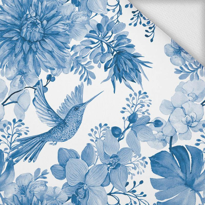 HUMMINGBIRDS AND FLOWERS (CLASSIC BLUE) - looped knit fabric