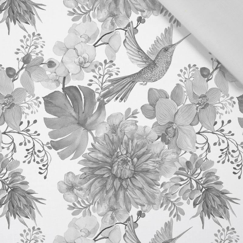 HUMMINGBIRDS AND FLOWERS (GREY) / white - Cotton woven fabric