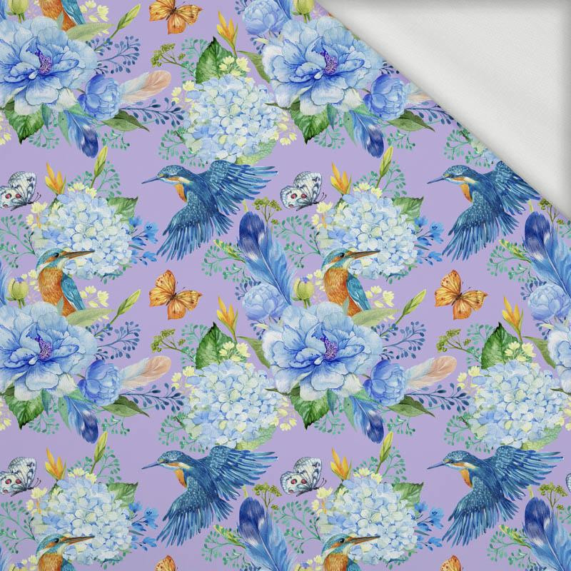 MINI KINGFISHERS AND LILACS (KINGFISHERS IN THE MEADOW) / lilac - looped knit fabric
