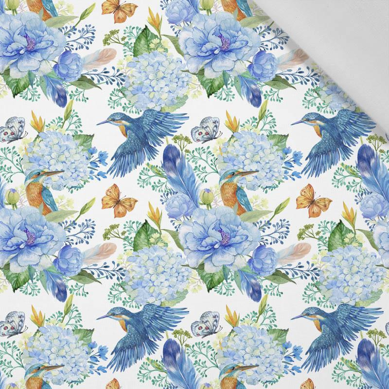 MINI KINGFISHERS AND LILACS (KINGFISHERS IN THE MEADOW) / white - Cotton woven fabric