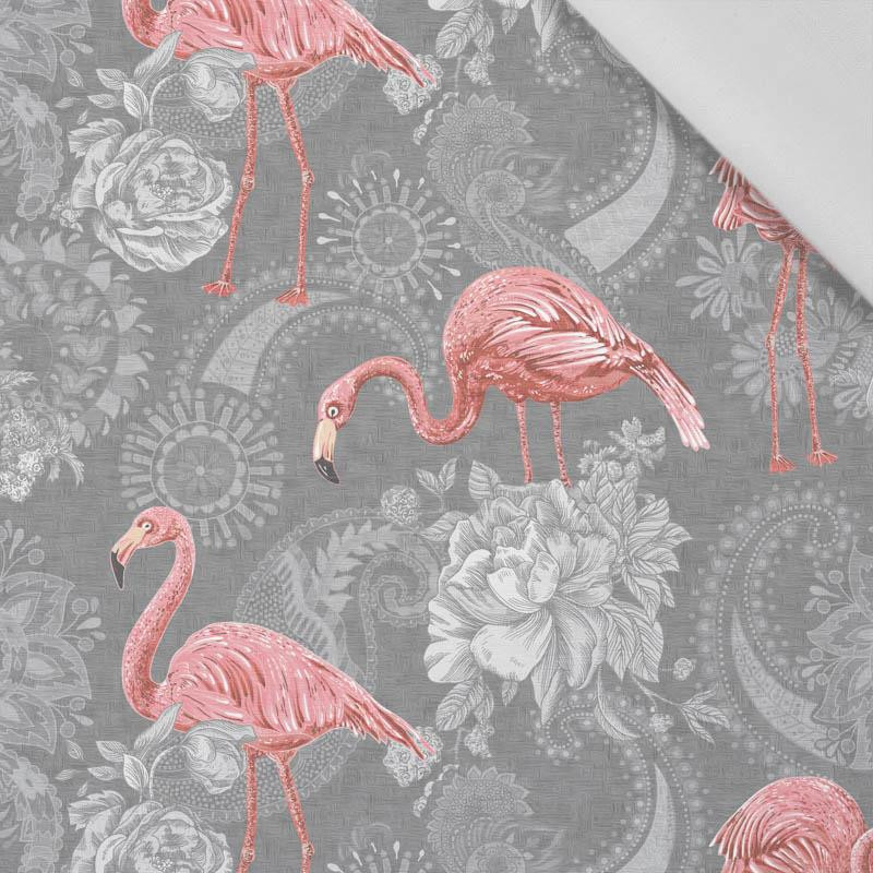 FLAMINGOS AND ROSES / grey - Cotton woven fabric