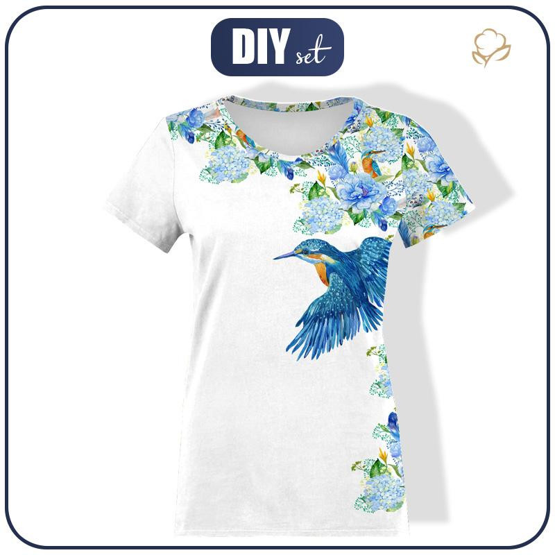 WOMEN’S T-SHIRT - KINGFISHERS AND LILACS (KINGFISHERS IN THE MEADOW) / white - single jersey