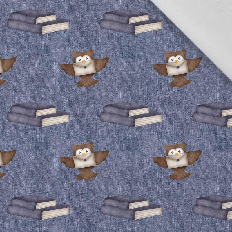 OWLS / books (MAGIC SCHOOL) / ACID WASH DARK BLUE - Cotton woven fabric