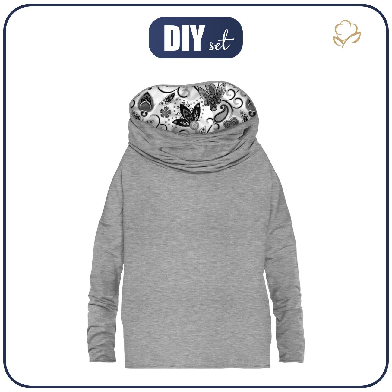 SNOOD SWEATSHIRT (FURIA) - MELANGE LIGHT GREY / flowers (pattern no. 2 grey) - sewing set