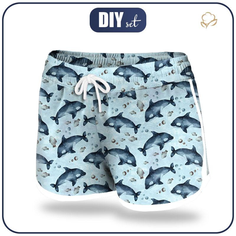 Women’s boardshorts - ORCAS (THE WORLD OF THE OCEAN) / CAMOUFLAGE pat. 2 (light blue) - sewing set